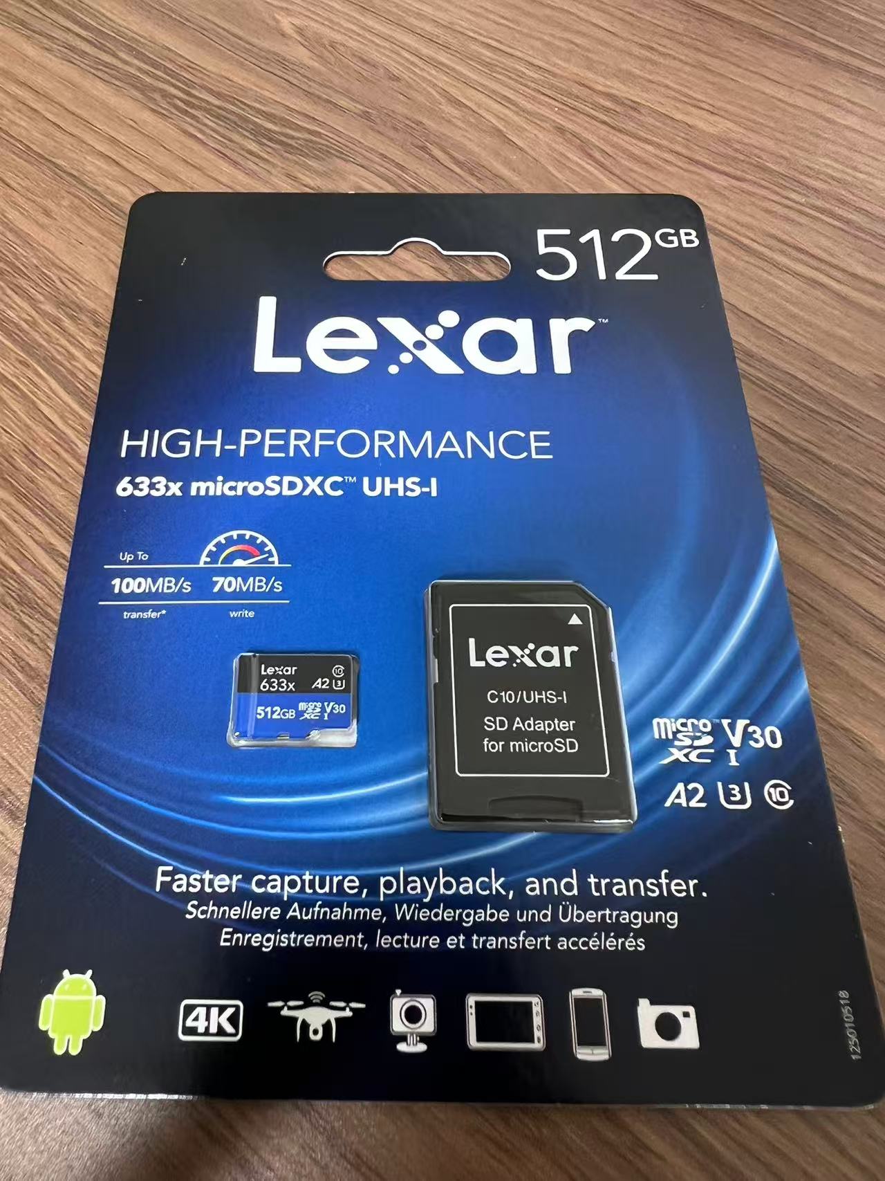 Lexar 512GB microSDXC UHS-I 512GBのmicroSDXCカード、最大100MB/s UHS-I規格、A2クラス